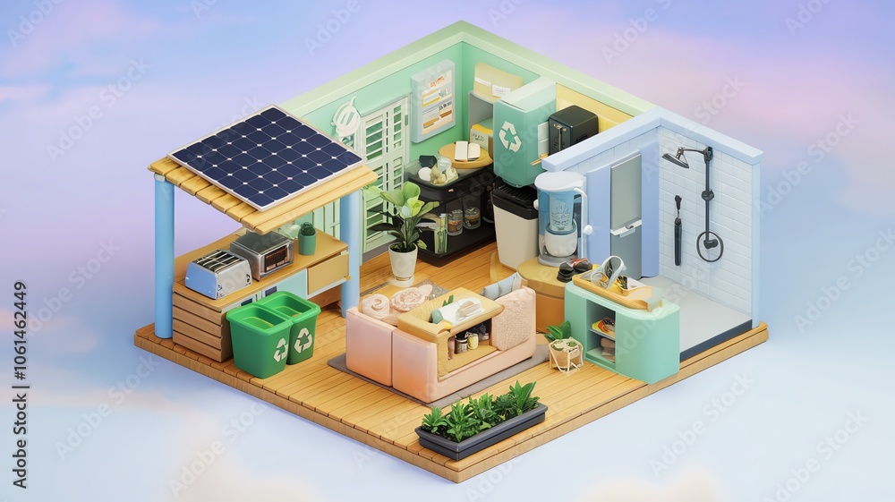 Isometric view of eco-friendly modern home with solar panel, recycling bins, and green appliances, promoting sustainable living practices. Isometric view of eco-friendly modern home with solar panel, recycling bins, and green appliances, promoting sustainable living practices.