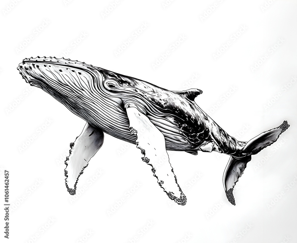 Black and white drawing of a humpback whale, with simple lines, on a white background Black and white drawing of a humpback whale, with simple lines, on a white background