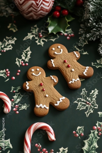 Cute gingerbread cookies with a Christmas pattern design, set against a dark green background with candy canes and holly leaves all around