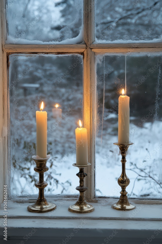 Elegant thin candles were lit on brass candlesticks placed in front of an old window with frosted glass, casting warm light inside and outside, snowy winter background Elegant thin candles were lit on brass candlesticks placed in front of an old window with frosted glass, casting warm light inside and outside, snowy winter background