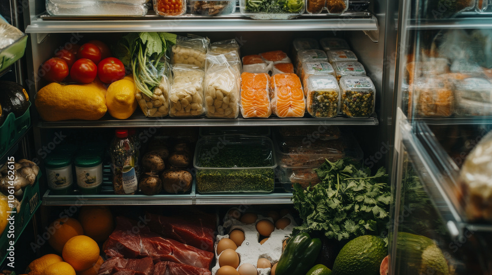 The fridge is stocked with healthy foods. It's full of good choices like red fish, avocado, and fruits. You'll find fresh produce like eggs, fish, avocado, mushrooms, herbs, kiwi, and oranges. The fridge is stocked with healthy foods. It's full of good choices like red fish, avocado, and fruits. You'll find fresh produce like eggs, fish, avocado, mushrooms, herbs, kiwi, and oranges.