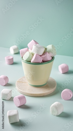 Pastel Candy in Ceramic Dish on Teal Background with Scattered Pieces