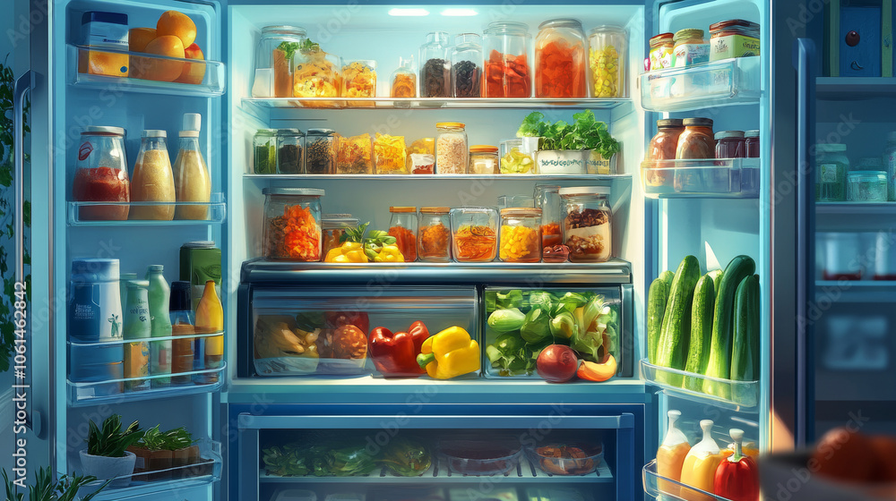 The fridge is packed with food and ingredients. The fridge is packed with food and ingredients.