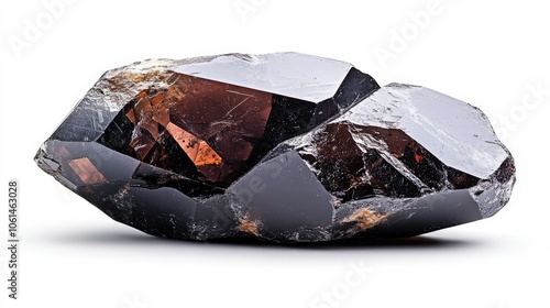Close-up of natural black and brown garnet crystal on white background