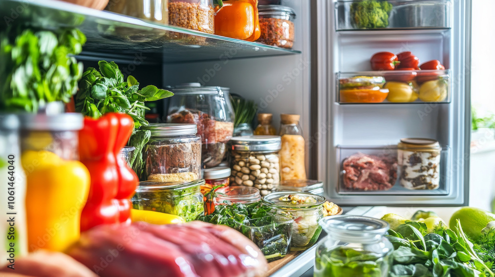 The fridge is packed with food and ingredients. The fridge is packed with food and ingredients.