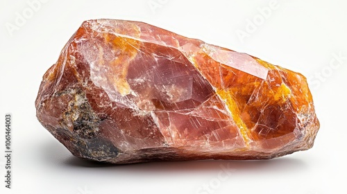 Raw red calcite crystal on white background highlighting natural beauty and geological texture