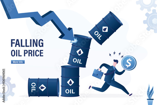 Falling oil price destroys tower of fuel barrels, unhappy businessman investor runs away from risk of bankruptcy and losses. Volatility and collapse on oil market.