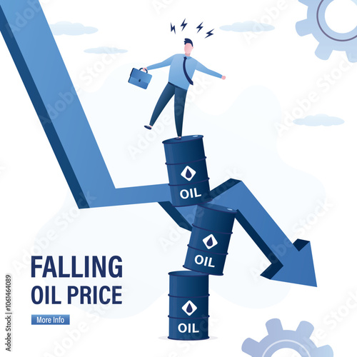 Falling oil price destroys tower of fuel barrels. Risk of bankruptcy and losses. Businessman balancing on stack of unstable barrels. Uncertainty, volatility and collapse on oil market