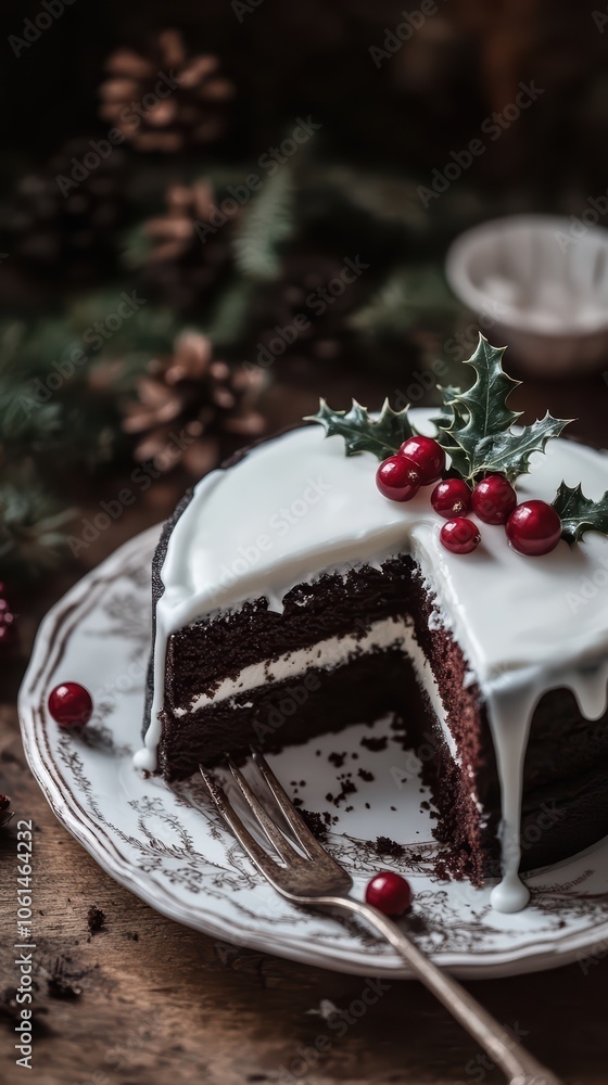 A cozy Christmas cake, a rich chocolate cake with white glaze and holly berries, presented on an elegant plate, set against the backdrop of a rustic wooden table, Christmas celebration vibes A cozy Christmas cake, a rich chocolate cake with white glaze and holly berries, presented on an elegant plate, set against the backdrop of a rustic wooden table, Christmas celebration vibes