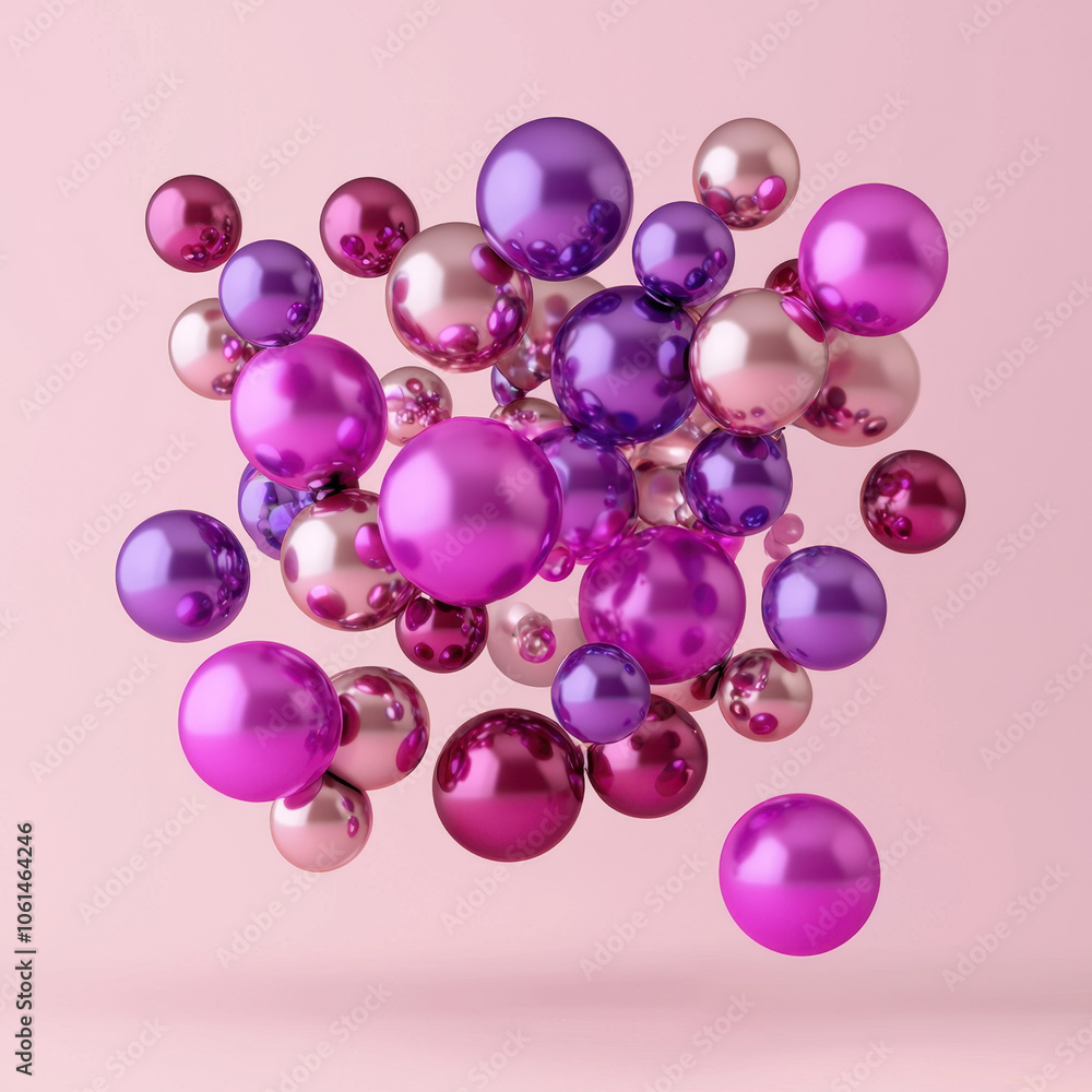Colorful floating spheres on a soft pink background. Colorful floating spheres on a soft pink background.