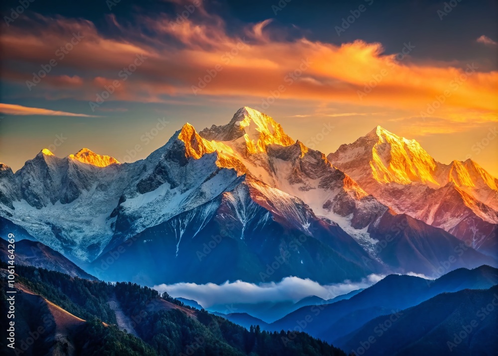 Obraz premium Panoramic Alpine Sunrise Over Snowcapped Himalayan Peaks - Minimalist Photography, Serene Landscape, Majestic Mountains, Tranquil Nature, Scenic Views, Morning Light, Adventure Travel, 