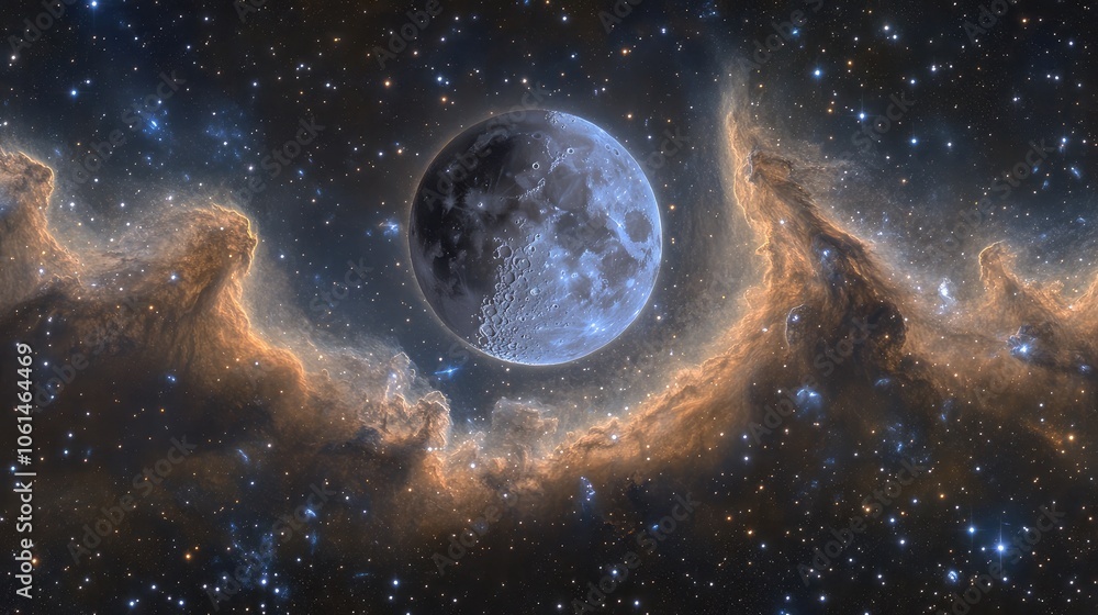 Moon Surrounded by Cosmic Nebula and Stars
