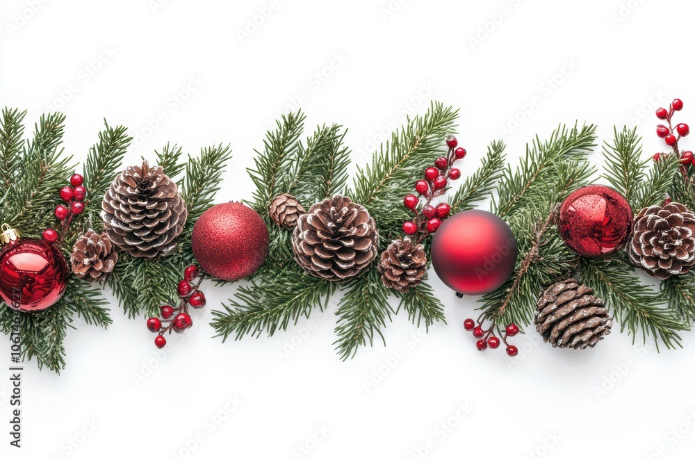 Christmas-themed frame border with red ornaments and pine branches on a white background, in a flat lay view Christmas-themed frame border with red ornaments and pine branches on a white background, in a flat lay view
