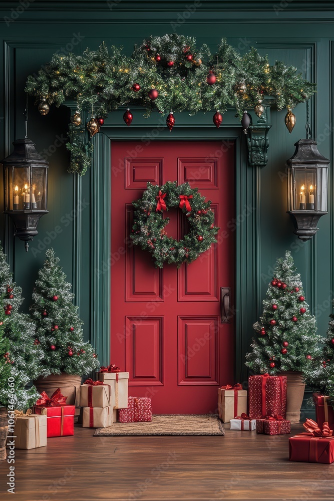 Christmas front porch decoration with a red door, green wall, and a Christmas wreath on the door. Lanterns are hanging from each side of the door, with small trees in pots and gift boxes all around Christmas front porch decoration with a red door, green wall, and a Christmas wreath on the door. Lanterns are hanging from each side of the door, with small trees in pots and gift boxes all around