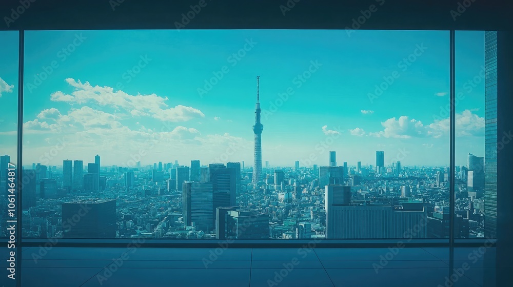 Obraz premium City Skyline View Through Modern Window