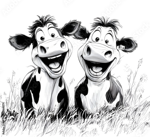 drawing of two cows laughing, black and white, coloring book  photo