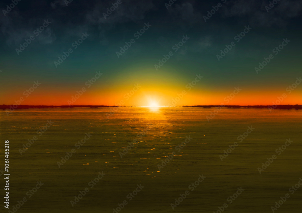 Naklejka premium Sunset Over the Ocean Horizon（海の地平線に沈む夕日）