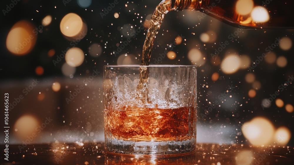 Pouring whiskey into a tumbler, with a luxurious bokeh background in deep, rich amber and golden tones Pouring whiskey into a tumbler, with a luxurious bokeh background in deep, rich amber and golden tones