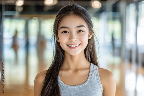 Free Download Happy young woman smiling in a gym setting - GFXLoad