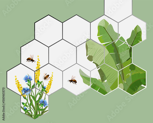 Interior illustration with honeycombs.Vector illustration with plants and bees in a frame of honeycombs on a colored background.Perfect for interior design.