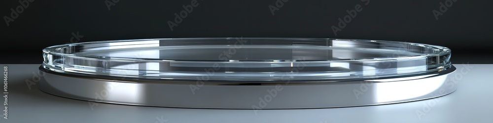 Clear glass petri dish on shiny laboratory surface Clear glass petri dish on shiny laboratory surface