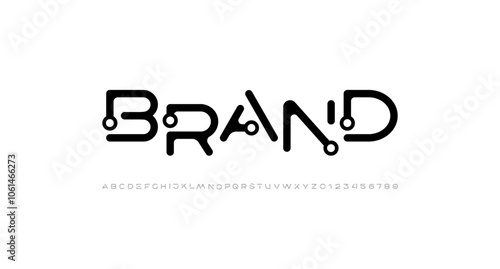 Font alphabet creative modern with black rings, letters A, B, C, D, E, F, G, H, I, J, K, L, M, N, O, P, Q, R, S, T, U, V, W, X, Y, Z and numerals 0, 1, 2, 3, 4, 5, 6, 7, 8, 9, vector illustration 10.