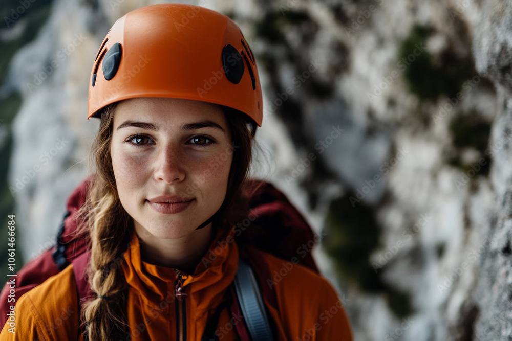 Young climber in an orange helmet prepares for a mountain ascent Young climber in an orange helmet prepares for a mountain ascent