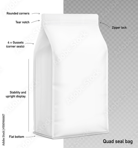 Realistic quad seal bag with flat bottom mockup. Vector illustration isolated on white and transparent background. Perfect for easy customisation and editing your graphics on a mockup. EPS10. 