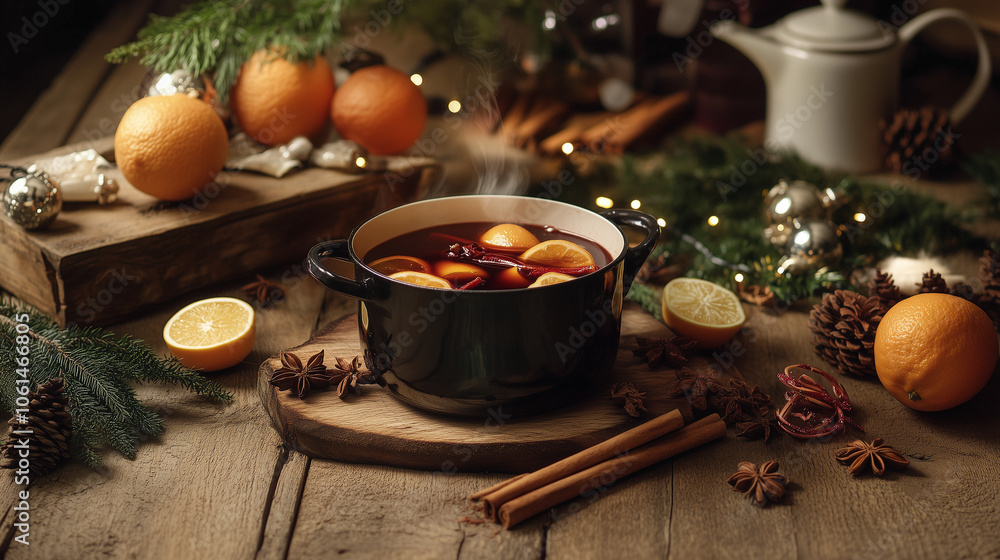 Festive mulled wine with oranges and spices on rustic table Festive mulled wine with oranges and spices on rustic table