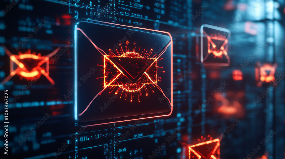 An email inbox shows a spam virus warning. It also displays icons for email security, new messages, and internet communication. The concept includes the risk of junk mail and compromised information. An email inbox shows a spam virus warning. It also displays icons for email security, new messages, and internet communication. The concept includes the risk of junk mail and compromised information.
