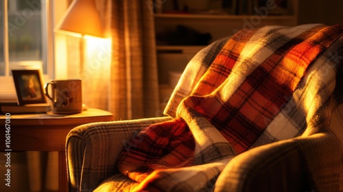 Cozy Armchair with Warm Blanket and Soft Lighting