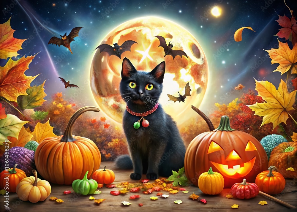 Playful Halloween Scene with Black Cat, Vibrant Pumpkins, Bats, and Candy for Trick or Treat Festivities Playful Halloween Scene with Black Cat, Vibrant Pumpkins, Bats, and Candy for Trick or Treat Festivities