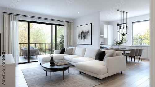 A minimalistic living room with a white sofa and green accents offers a serene and modern aesthetic, enhanced by natural light from large windows.