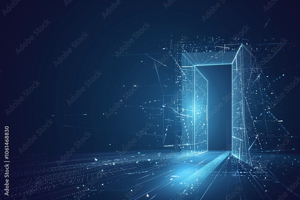 Obraz premium Open door digital vector illustration on a blue background. Futuristic science fiction concept of doorway. Technology portal in a polygonal wireframe glowing style. Vector abstract tunnel, portal. Ge