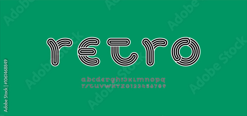 alphabet striped decorative font, letters A, B, C, D, E, F, G, H, I, J, K, L, M, N, O, P, Q, R, S, T, U, V, W, X, Y, Z and numerals 0, 1, 2, 3, 4, 5, 6, 7, 8, 9, vector illustration 10EPS.
