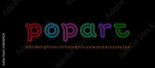 Alphabet striped decorative bright font, letters A, B, C, D, E, F, G, H, I, J, K, L, M, N, O, P, Q, R, S, T, U, V, W, X, Y, Z and numerals 0, 1, 2, 3, 4, 5, 6, 7, 8, 9, vector illustration 10EPS