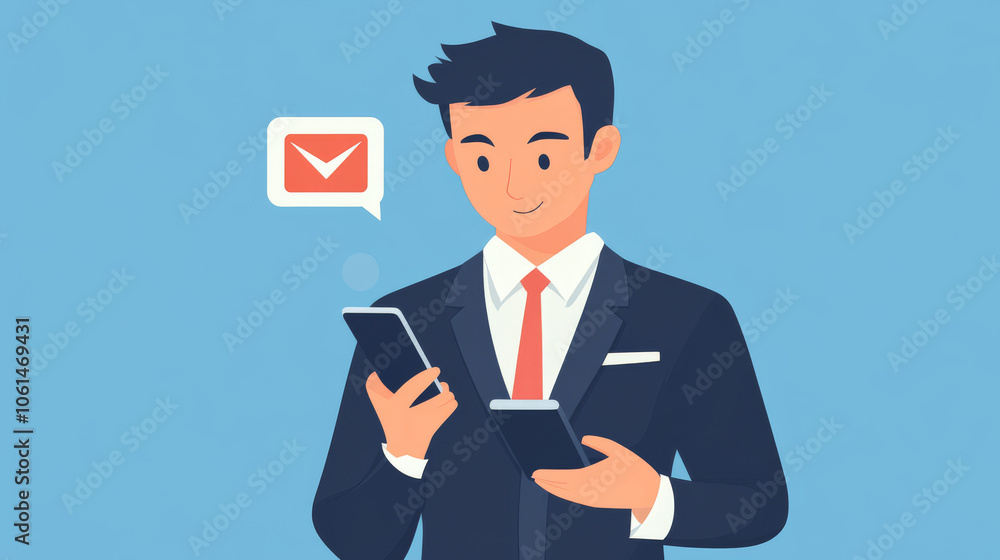 A businessman gets a notification on his phone. He sees a message or email alert, and taps the notification bell to read it. A businessman gets a notification on his phone. He sees a message or email alert, and taps the notification bell to read it.