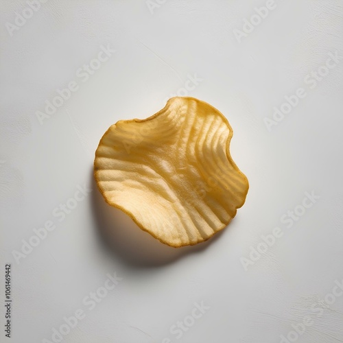 A close-up of crispy potato chips arranged on a clean white background, showcasing their golden-brown texture and shape