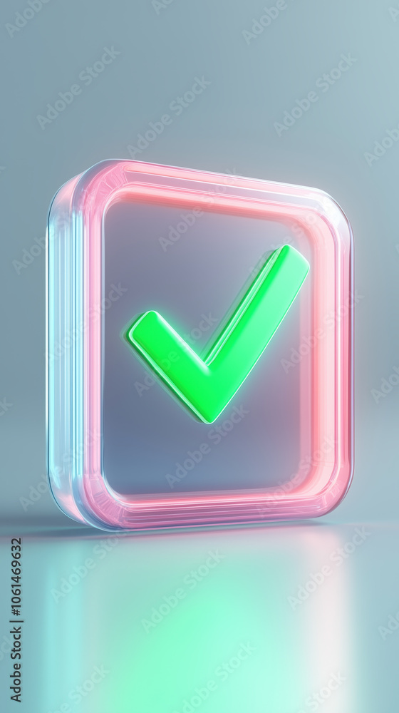 Crisp 3D digital approval button with glowing green checkmark design Crisp 3D digital approval button with glowing green checkmark design