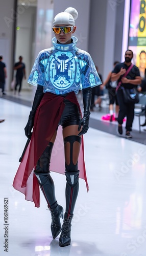 Model in creative outfit walks through a modern shopping mall