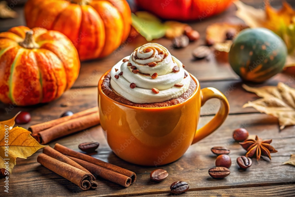 Pumpkin Shaped Cup with Hot Drink and Whipped Cream, Chocolate Chip, and Cinnamon Roll - Cozy Autumn Food Illustration Pumpkin Shaped Cup with Hot Drink and Whipped Cream, Chocolate Chip, and Cinnamon Roll - Cozy Autumn Food Illustration