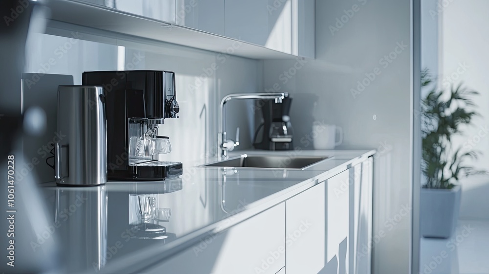 Contemporary kitchen interior showcasing sleek design with white cabinetry, stainless steel sink and coffee machine on reflective countertop. Contemporary kitchen interior showcasing sleek design with white cabinetry, stainless steel sink and coffee machine on reflective countertop.