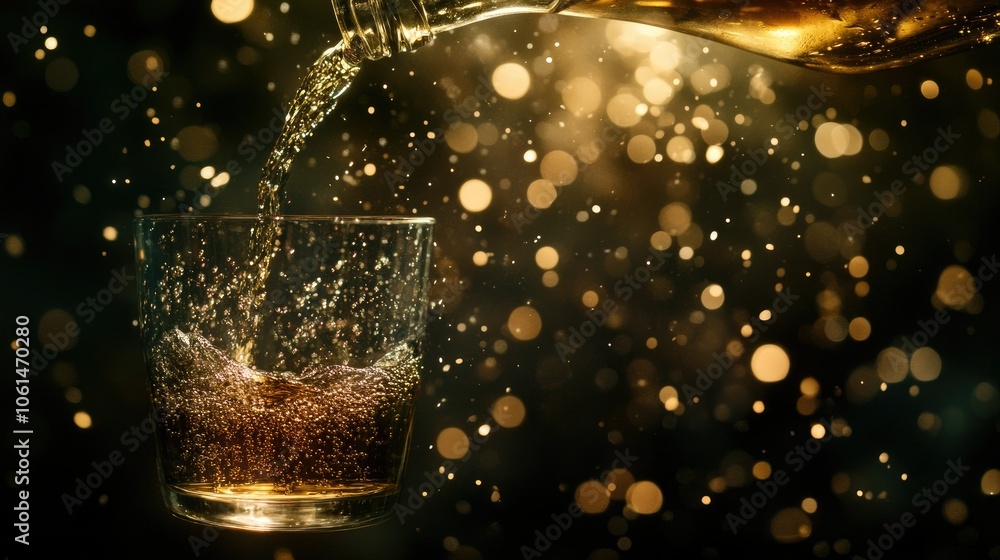 Whiskey pouring into a tumbler on a dark background with sparkling bokeh lights for a moody, elegant feel