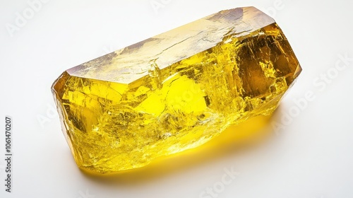 Close-up of vibrant yellow crystal gemstone against a white background