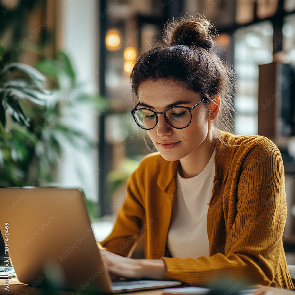 woman working on laptop, office environment woman working on laptop, office environment
