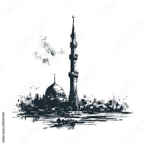 Tower near the dome. Black white vector illustration.