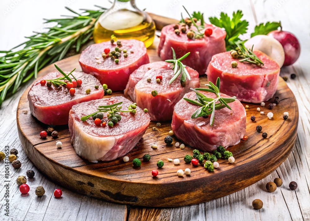 Raw Pork Tenderloin Medallions with Spices and Herbs on Wooden Board Isolated on White Background for Culinary and Food Photography Raw Pork Tenderloin Medallions with Spices and Herbs on Wooden Board Isolated on White Background for Culinary and Food Photography