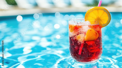 Refreshing tropical cocktail in a glass with a fruit garnish on the poolside, with clear pool water and blue skies in the background