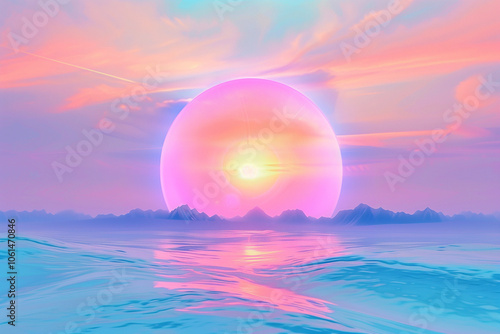 Retro sun in 80`s style. Vaporvave, retrowave, synthwave futuristic background with sunset. Trendy design for sci-fi, cyber abstract poster, print. Abstract pastel holographic blurred grainy gradient