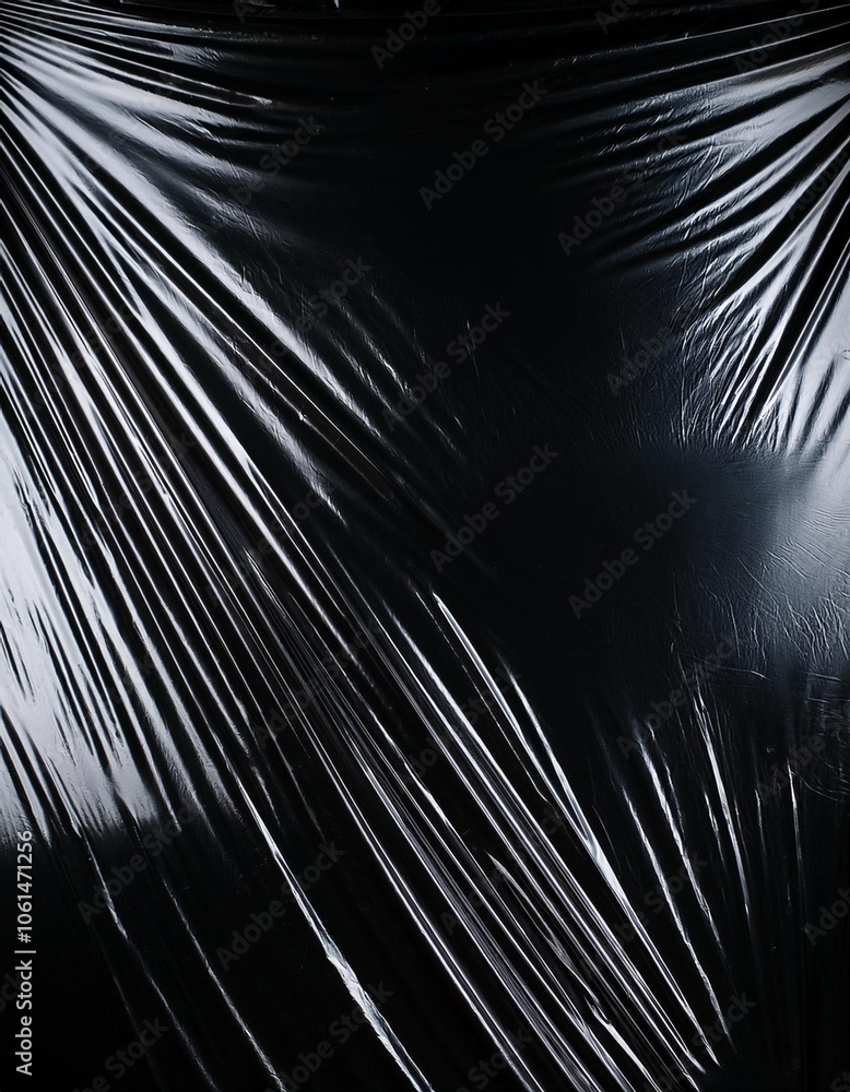 Obraz premium Transparent plastic wrap on the black background. Clean blank texture overlay effect template. Isolated wrinkle surface branding mock-up.